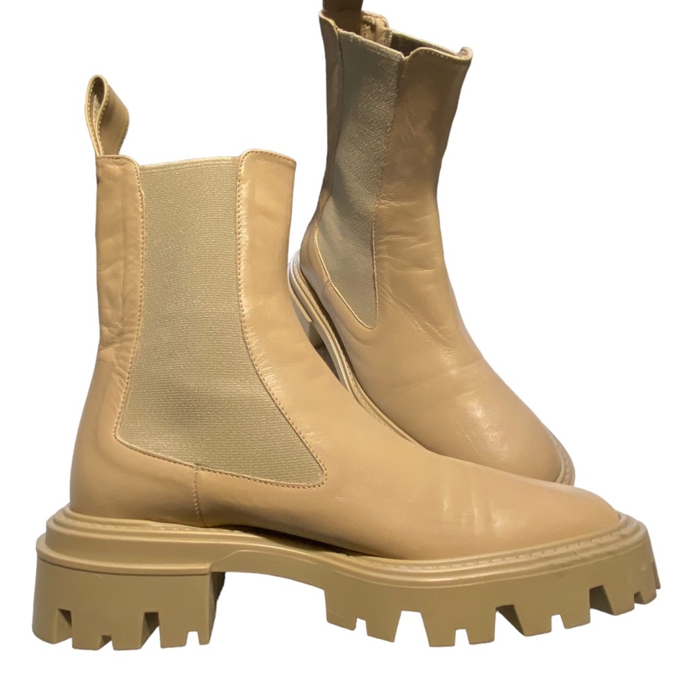 Zara Leather Lug Sole Chelsea Chunky Heeled Boot 37 Cream Tan